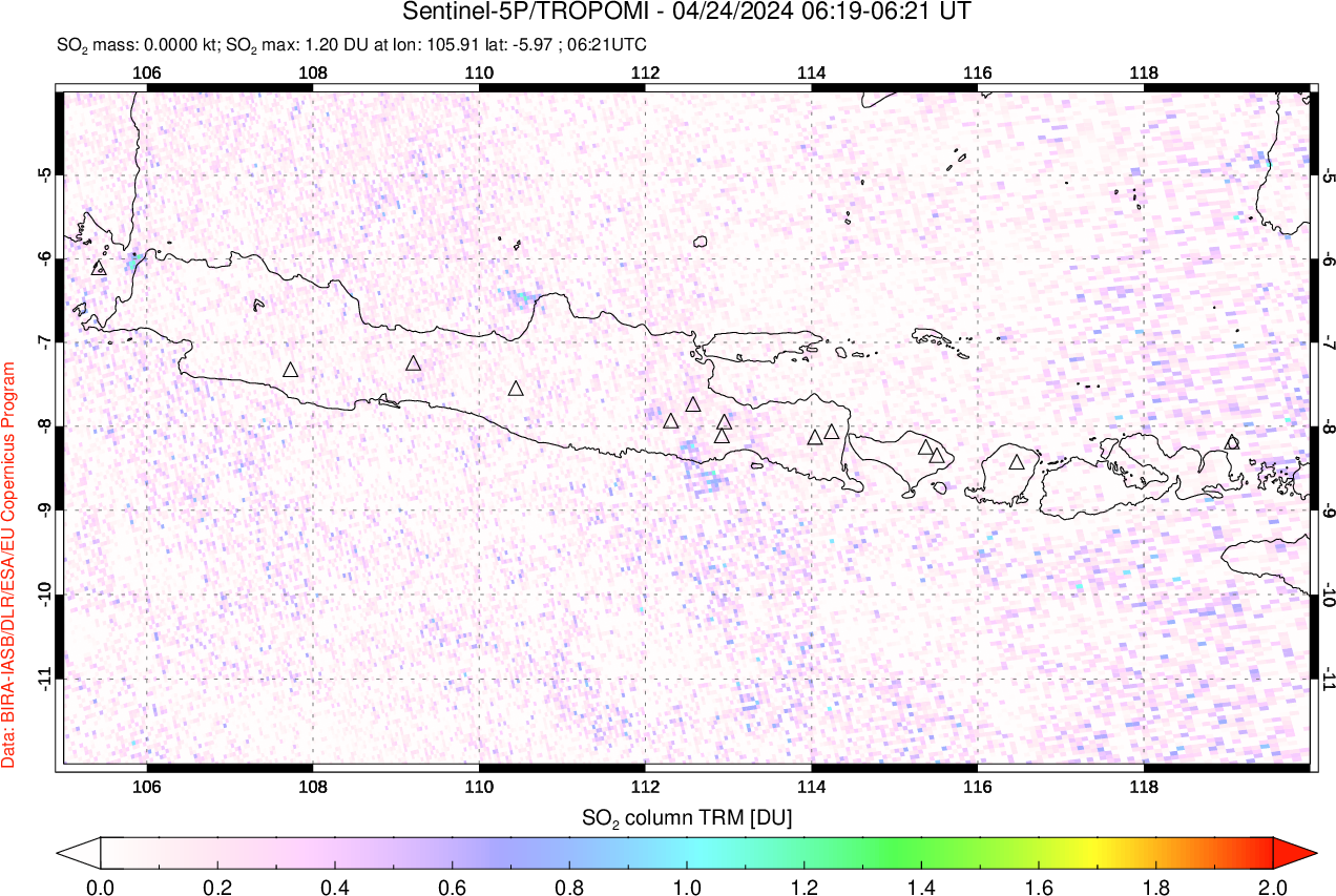 A sulfur dioxide image over Java, Indonesia on Apr 24, 2024.