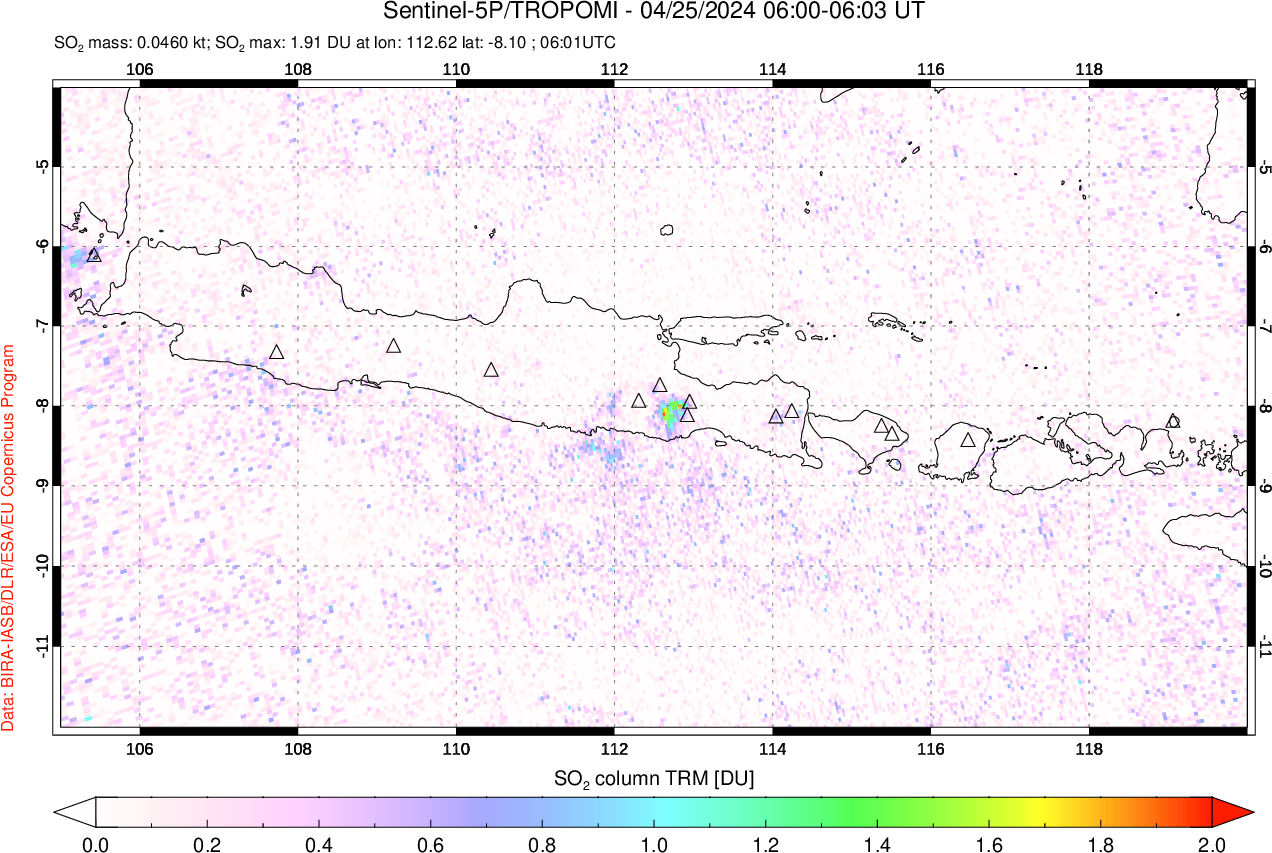 A sulfur dioxide image over Java, Indonesia on Apr 25, 2024.
