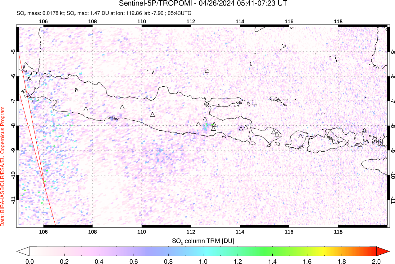 A sulfur dioxide image over Java, Indonesia on Apr 26, 2024.