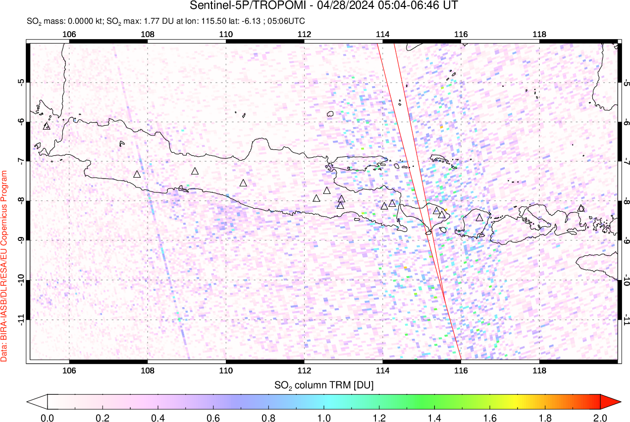 A sulfur dioxide image over Java, Indonesia on Apr 28, 2024.