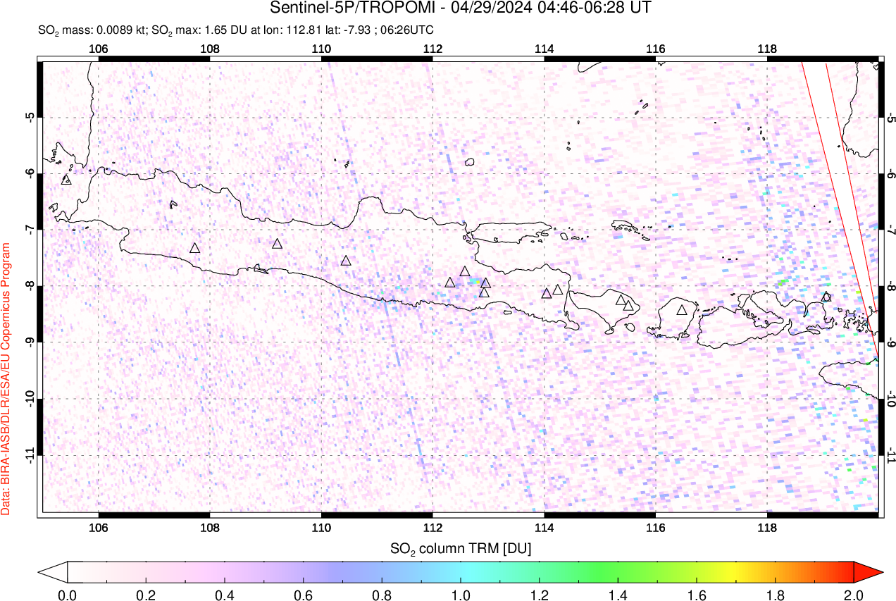 A sulfur dioxide image over Java, Indonesia on Apr 29, 2024.