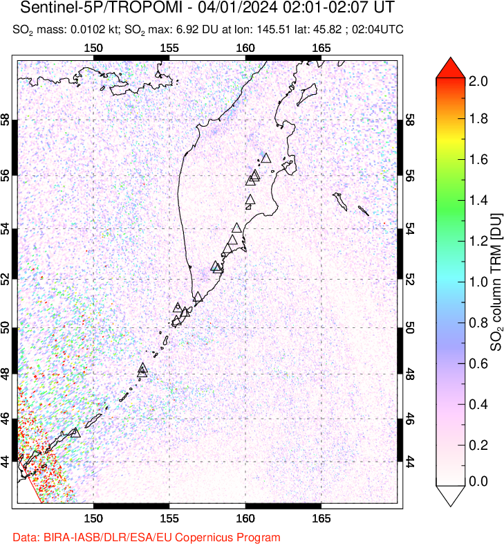 A sulfur dioxide image over Kamchatka, Russian Federation on Apr 01, 2024.