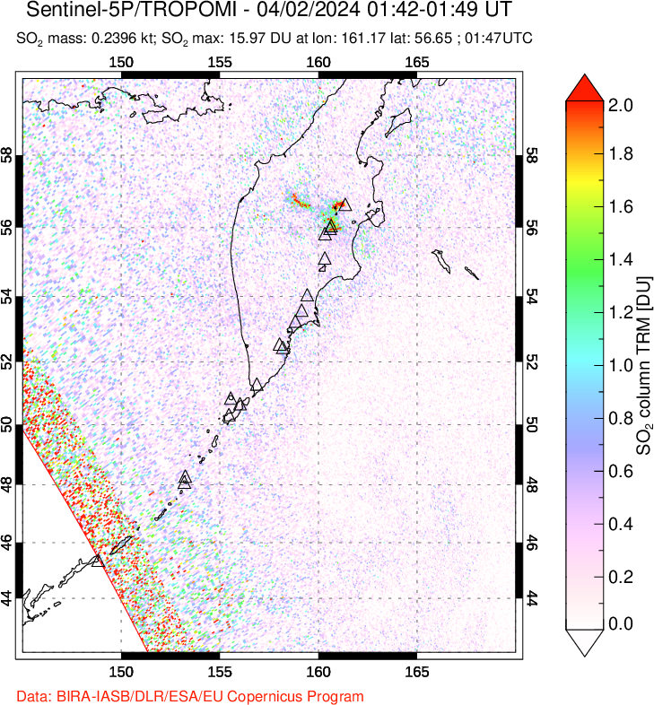 A sulfur dioxide image over Kamchatka, Russian Federation on Apr 02, 2024.