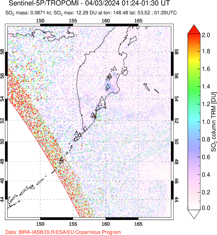 A sulfur dioxide image over Kamchatka, Russian Federation on Apr 03, 2024.