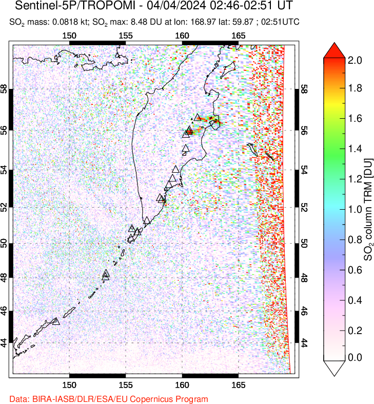 A sulfur dioxide image over Kamchatka, Russian Federation on Apr 04, 2024.