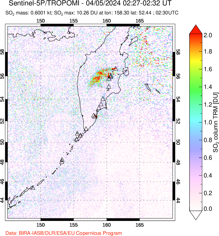 A sulfur dioxide image over Kamchatka, Russian Federation on Apr 05, 2024.