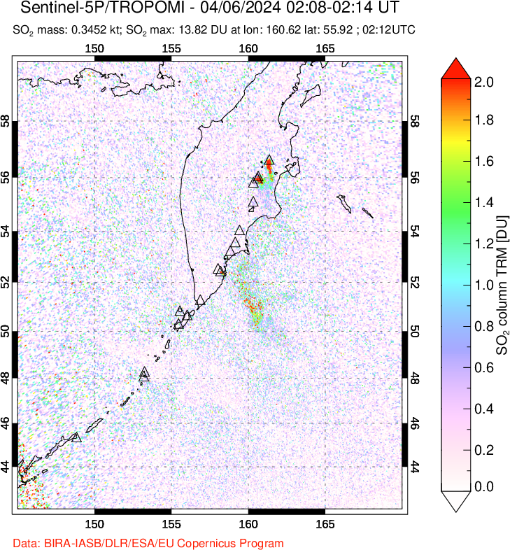 A sulfur dioxide image over Kamchatka, Russian Federation on Apr 06, 2024.