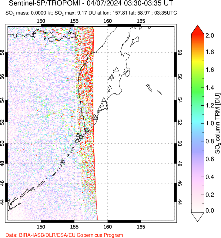 A sulfur dioxide image over Kamchatka, Russian Federation on Apr 07, 2024.