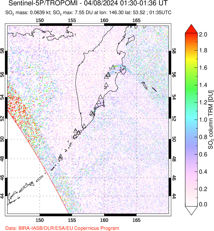 A sulfur dioxide image over Kamchatka, Russian Federation on Apr 08, 2024.