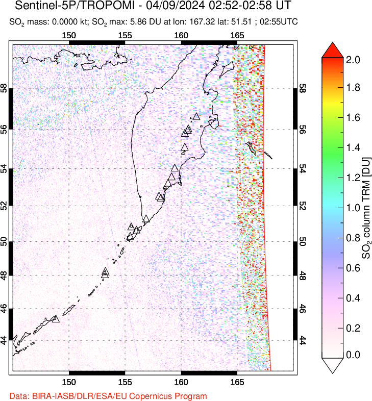 A sulfur dioxide image over Kamchatka, Russian Federation on Apr 09, 2024.