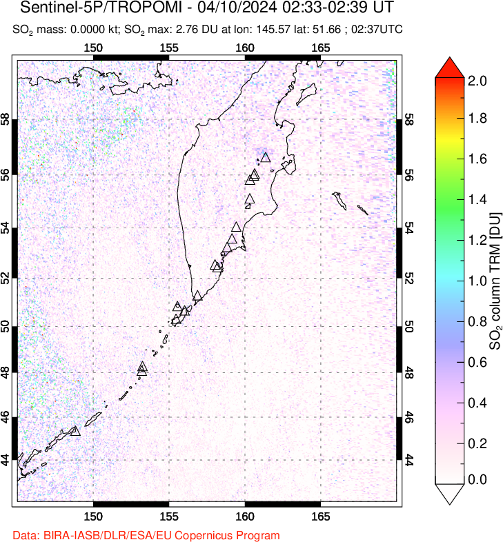 A sulfur dioxide image over Kamchatka, Russian Federation on Apr 10, 2024.