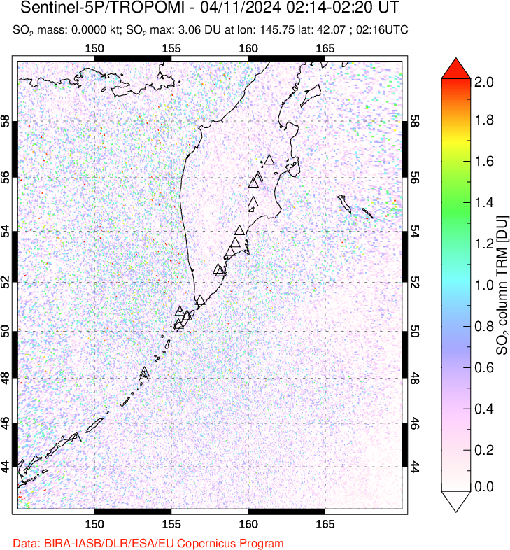 A sulfur dioxide image over Kamchatka, Russian Federation on Apr 11, 2024.