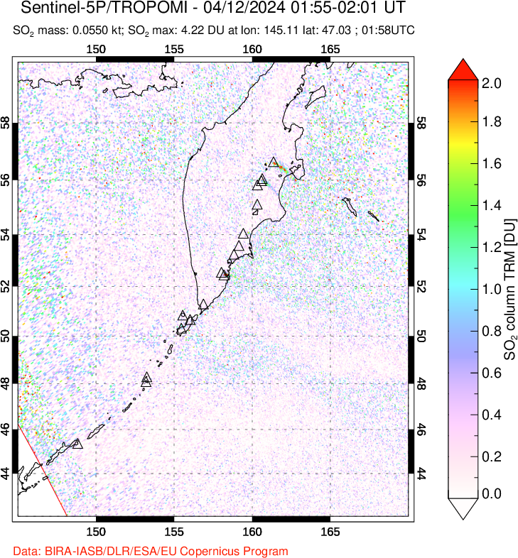 A sulfur dioxide image over Kamchatka, Russian Federation on Apr 12, 2024.