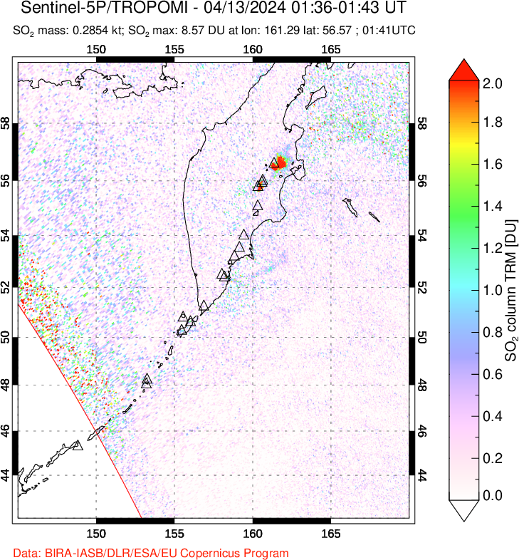 A sulfur dioxide image over Kamchatka, Russian Federation on Apr 13, 2024.