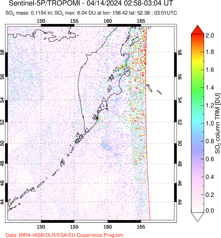 A sulfur dioxide image over Kamchatka, Russian Federation on Apr 14, 2024.