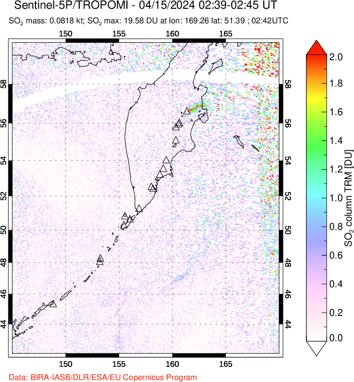 A sulfur dioxide image over Kamchatka, Russian Federation on Apr 15, 2024.