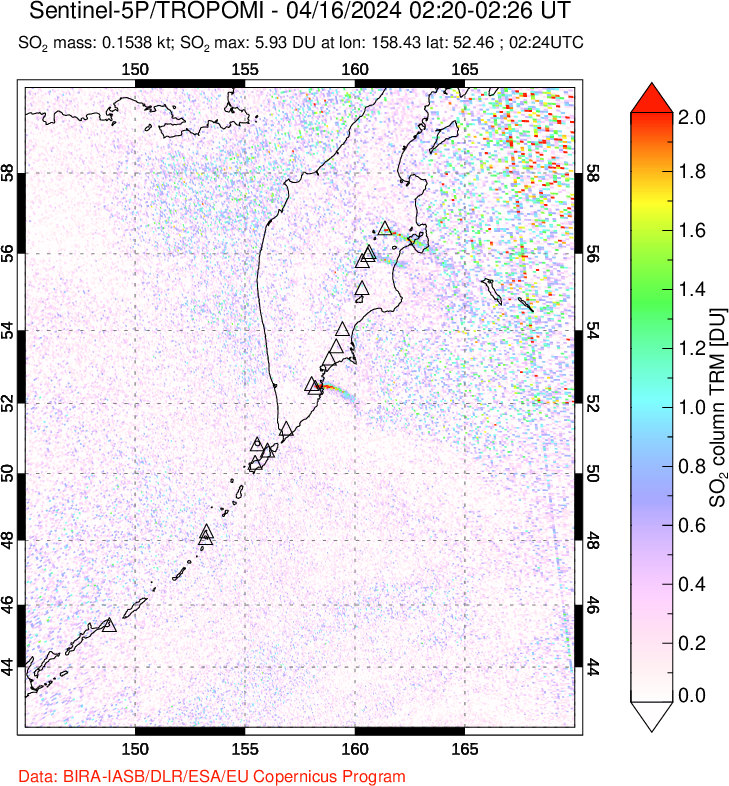 A sulfur dioxide image over Kamchatka, Russian Federation on Apr 16, 2024.