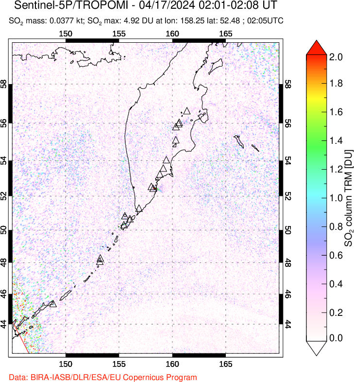 A sulfur dioxide image over Kamchatka, Russian Federation on Apr 17, 2024.