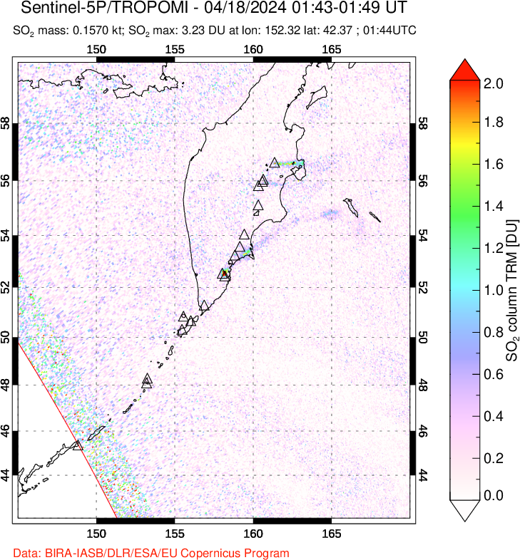 A sulfur dioxide image over Kamchatka, Russian Federation on Apr 18, 2024.