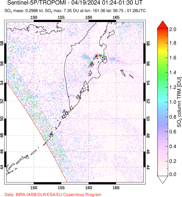 A sulfur dioxide image over Kamchatka, Russian Federation on Apr 19, 2024.