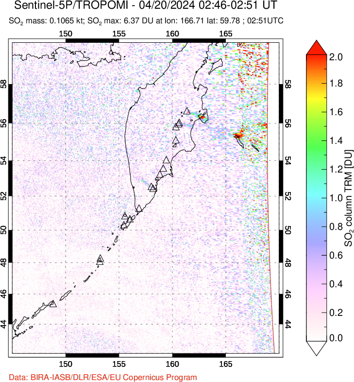 A sulfur dioxide image over Kamchatka, Russian Federation on Apr 20, 2024.