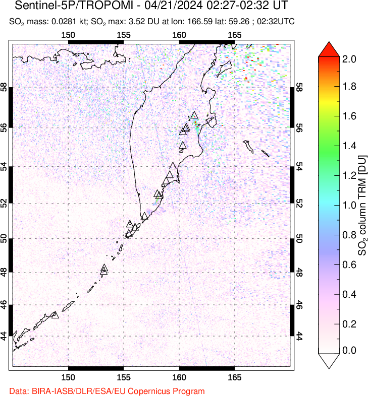 A sulfur dioxide image over Kamchatka, Russian Federation on Apr 21, 2024.