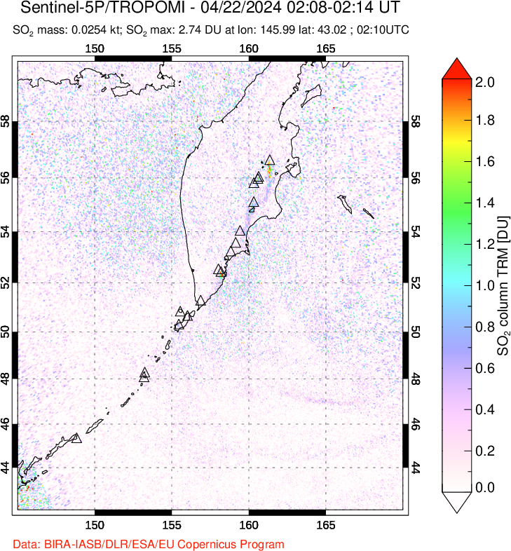 A sulfur dioxide image over Kamchatka, Russian Federation on Apr 22, 2024.