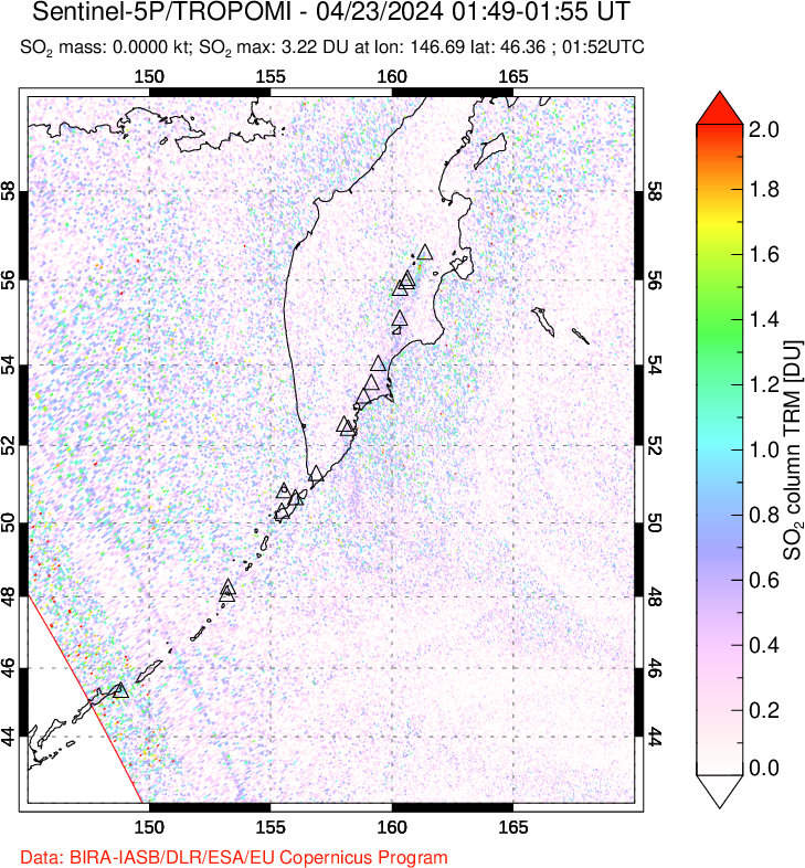 A sulfur dioxide image over Kamchatka, Russian Federation on Apr 23, 2024.