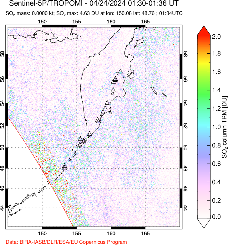 A sulfur dioxide image over Kamchatka, Russian Federation on Apr 24, 2024.