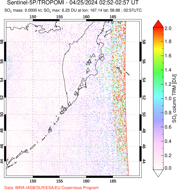 A sulfur dioxide image over Kamchatka, Russian Federation on Apr 25, 2024.