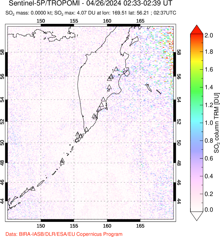 A sulfur dioxide image over Kamchatka, Russian Federation on Apr 26, 2024.