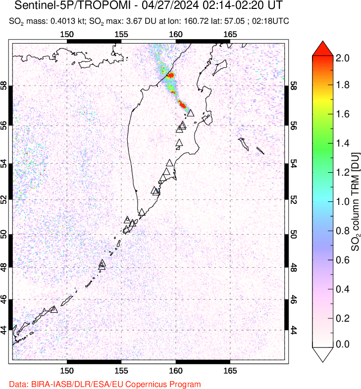 A sulfur dioxide image over Kamchatka, Russian Federation on Apr 27, 2024.