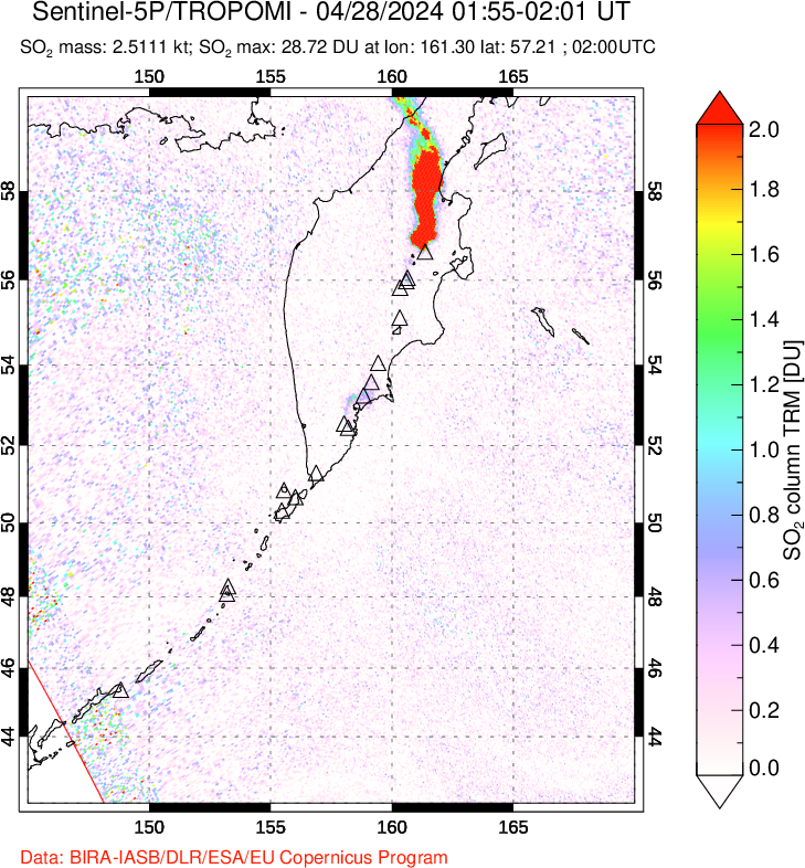 A sulfur dioxide image over Kamchatka, Russian Federation on Apr 28, 2024.