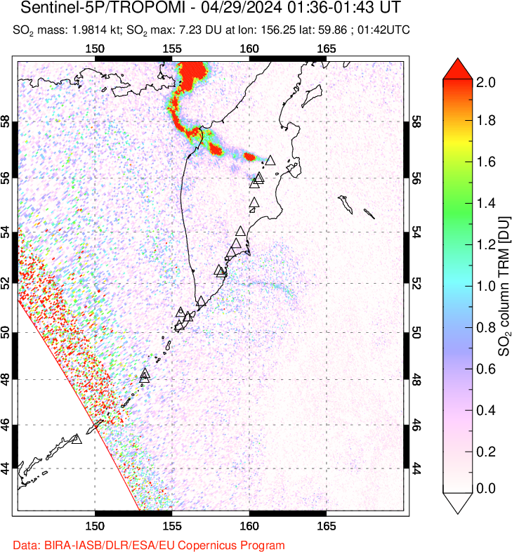 A sulfur dioxide image over Kamchatka, Russian Federation on Apr 29, 2024.