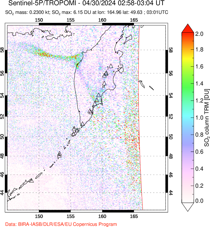 A sulfur dioxide image over Kamchatka, Russian Federation on Apr 30, 2024.