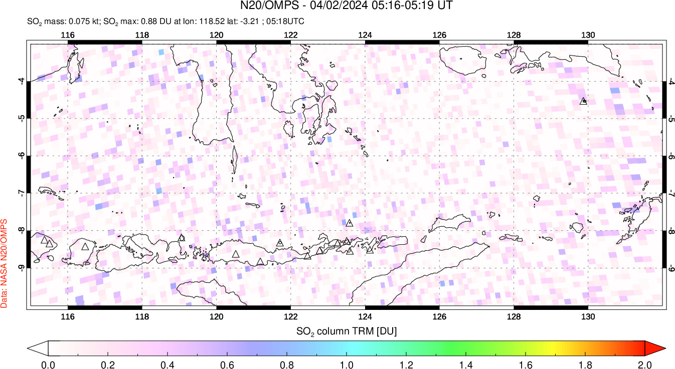 A sulfur dioxide image over Lesser Sunda Islands, Indonesia on Apr 02, 2024.