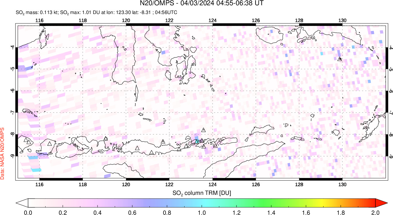 A sulfur dioxide image over Lesser Sunda Islands, Indonesia on Apr 03, 2024.