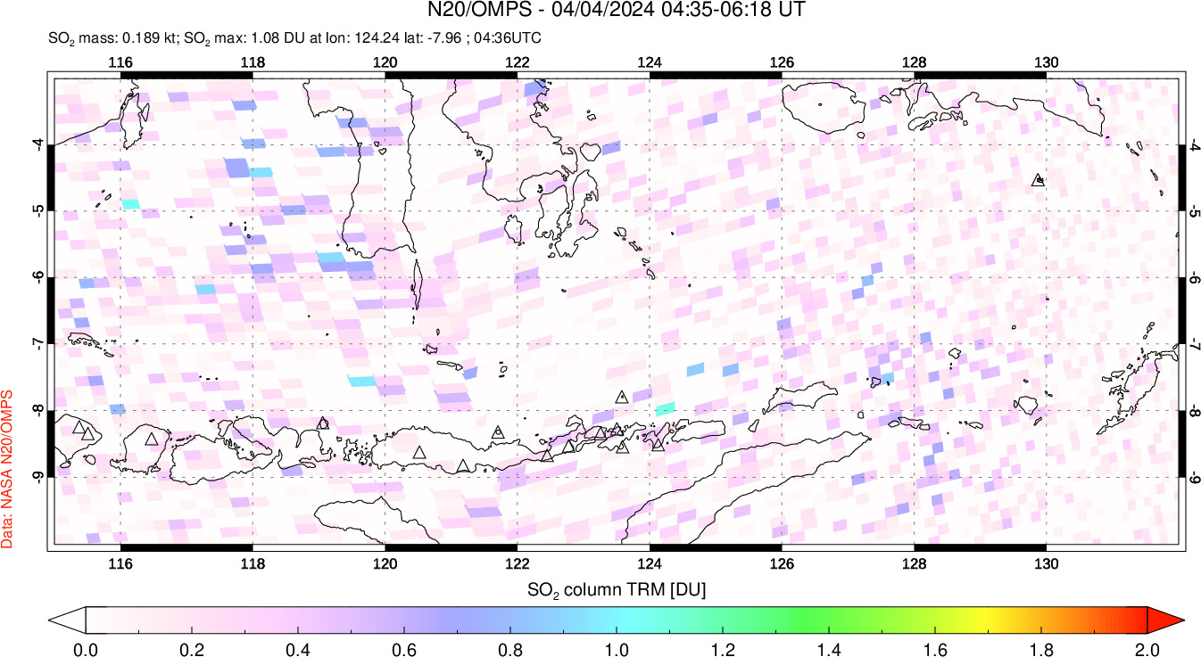 A sulfur dioxide image over Lesser Sunda Islands, Indonesia on Apr 04, 2024.