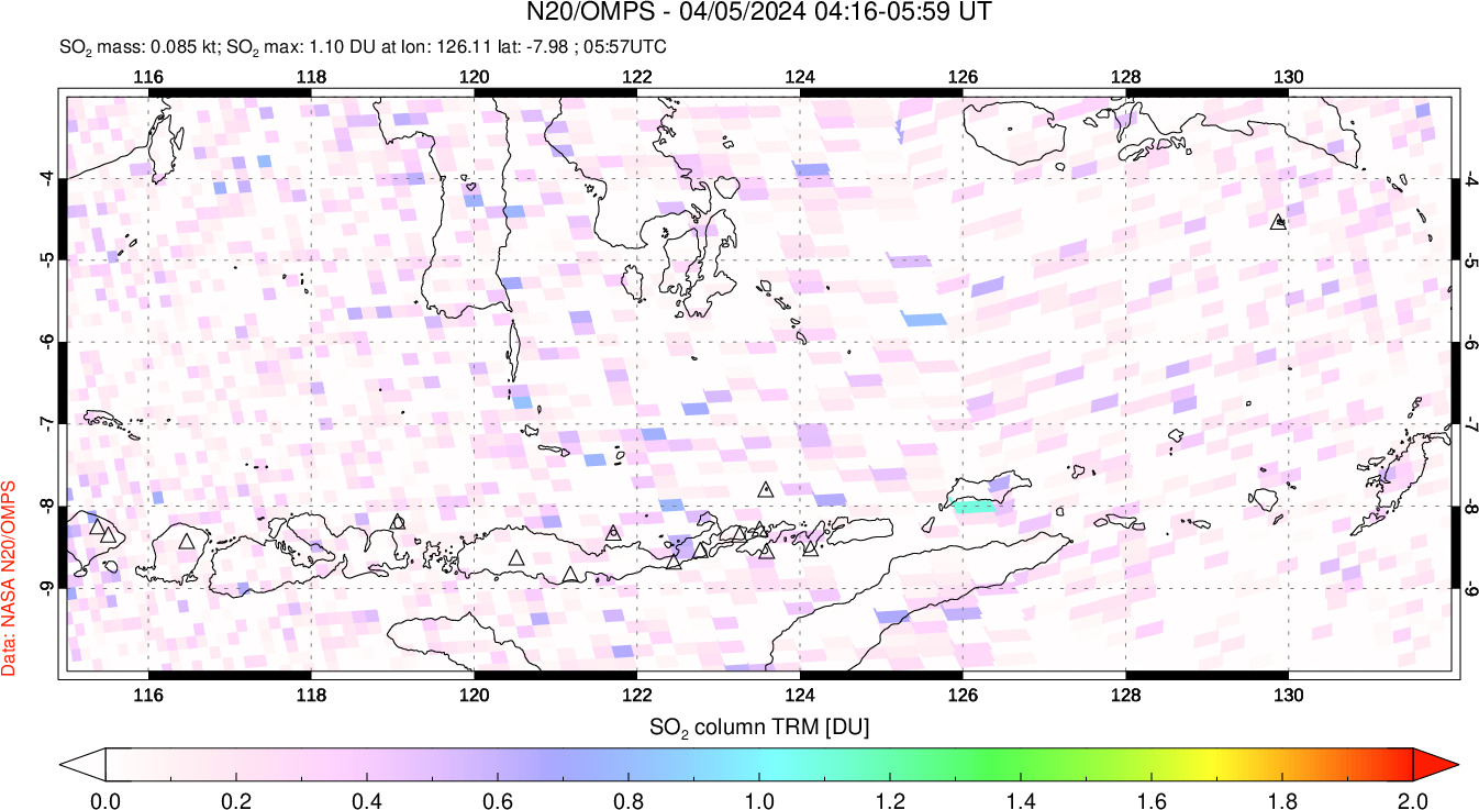 A sulfur dioxide image over Lesser Sunda Islands, Indonesia on Apr 05, 2024.