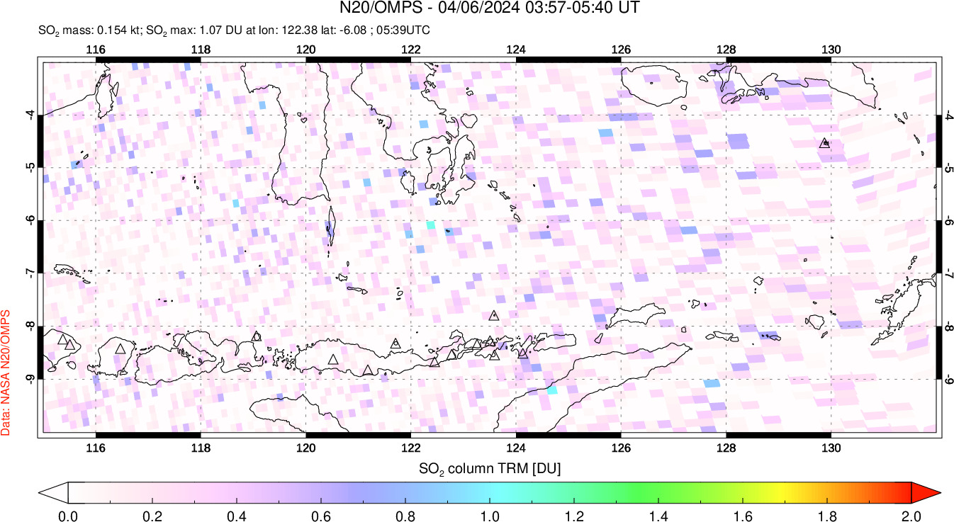 A sulfur dioxide image over Lesser Sunda Islands, Indonesia on Apr 06, 2024.