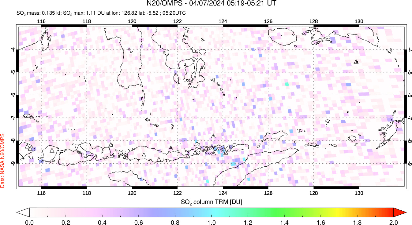 A sulfur dioxide image over Lesser Sunda Islands, Indonesia on Apr 07, 2024.