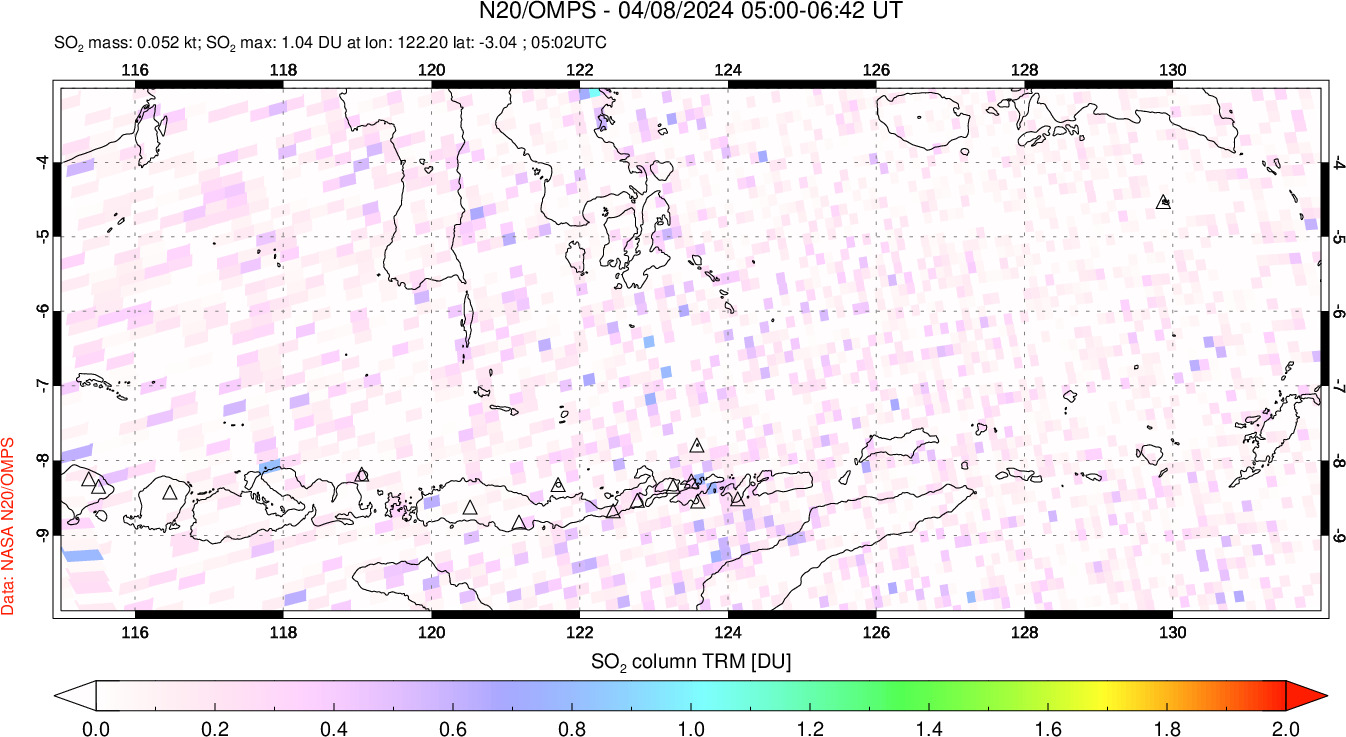 A sulfur dioxide image over Lesser Sunda Islands, Indonesia on Apr 08, 2024.