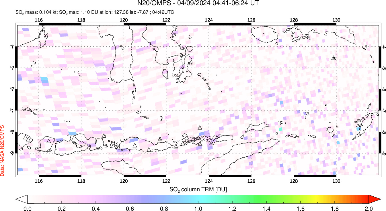 A sulfur dioxide image over Lesser Sunda Islands, Indonesia on Apr 09, 2024.