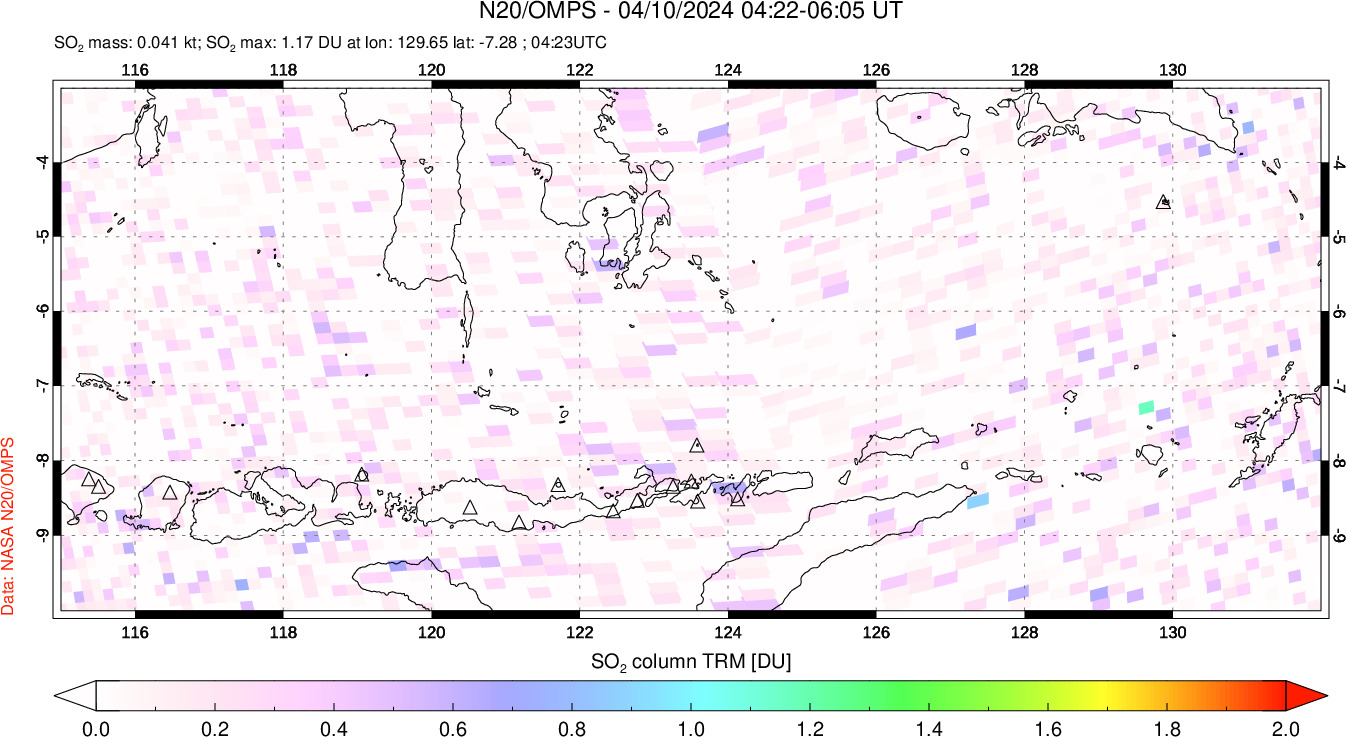 A sulfur dioxide image over Lesser Sunda Islands, Indonesia on Apr 10, 2024.