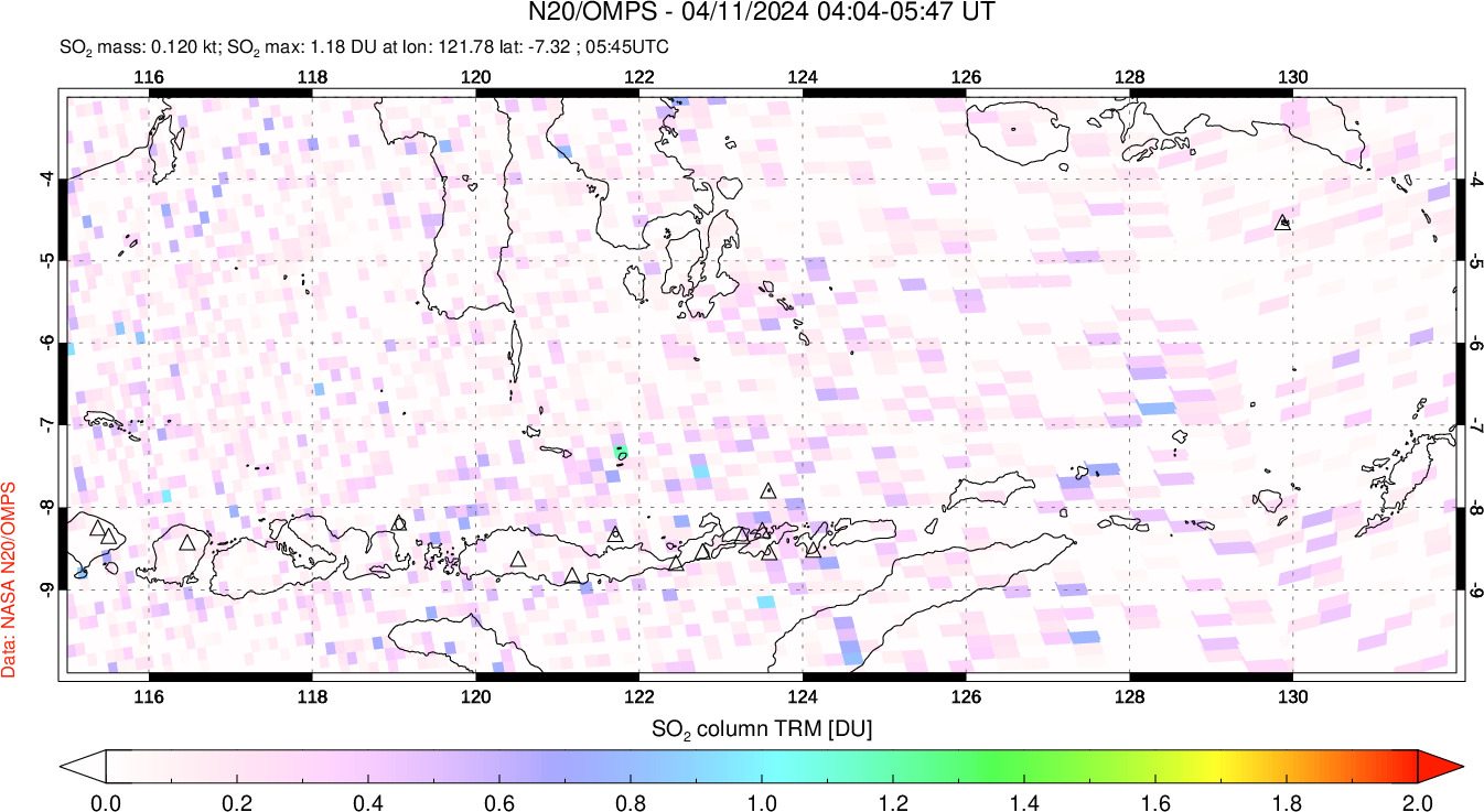 A sulfur dioxide image over Lesser Sunda Islands, Indonesia on Apr 11, 2024.