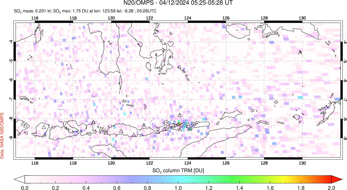 A sulfur dioxide image over Lesser Sunda Islands, Indonesia on Apr 12, 2024.