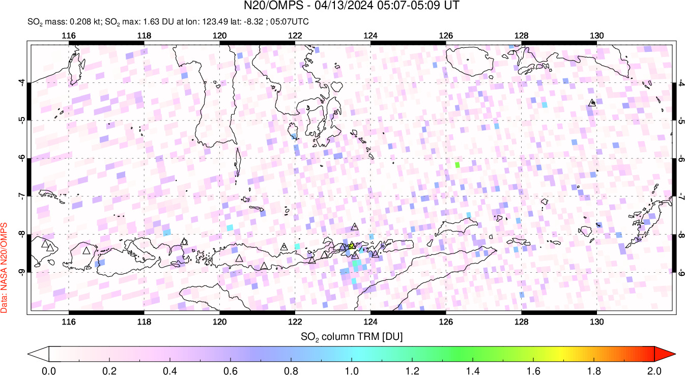 A sulfur dioxide image over Lesser Sunda Islands, Indonesia on Apr 13, 2024.