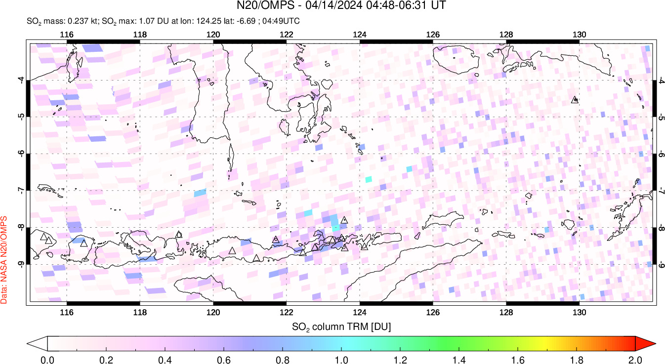 A sulfur dioxide image over Lesser Sunda Islands, Indonesia on Apr 14, 2024.