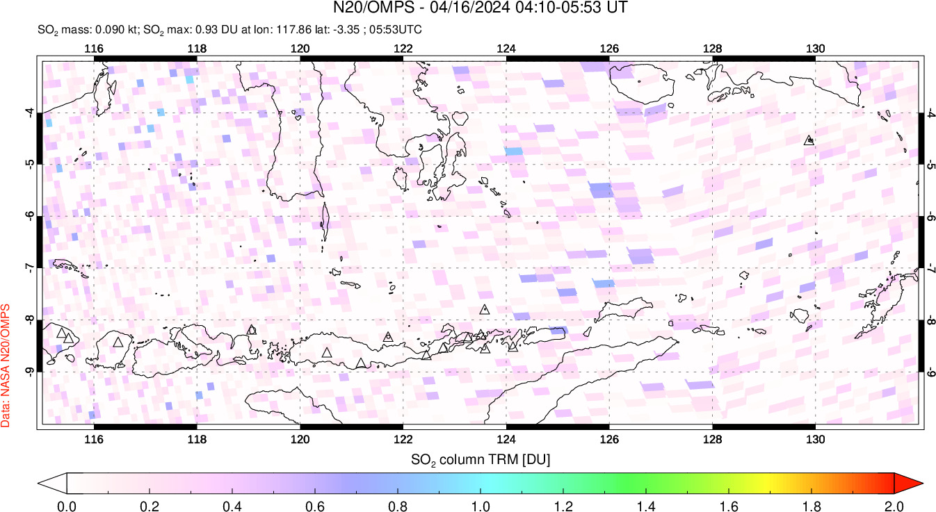 A sulfur dioxide image over Lesser Sunda Islands, Indonesia on Apr 16, 2024.