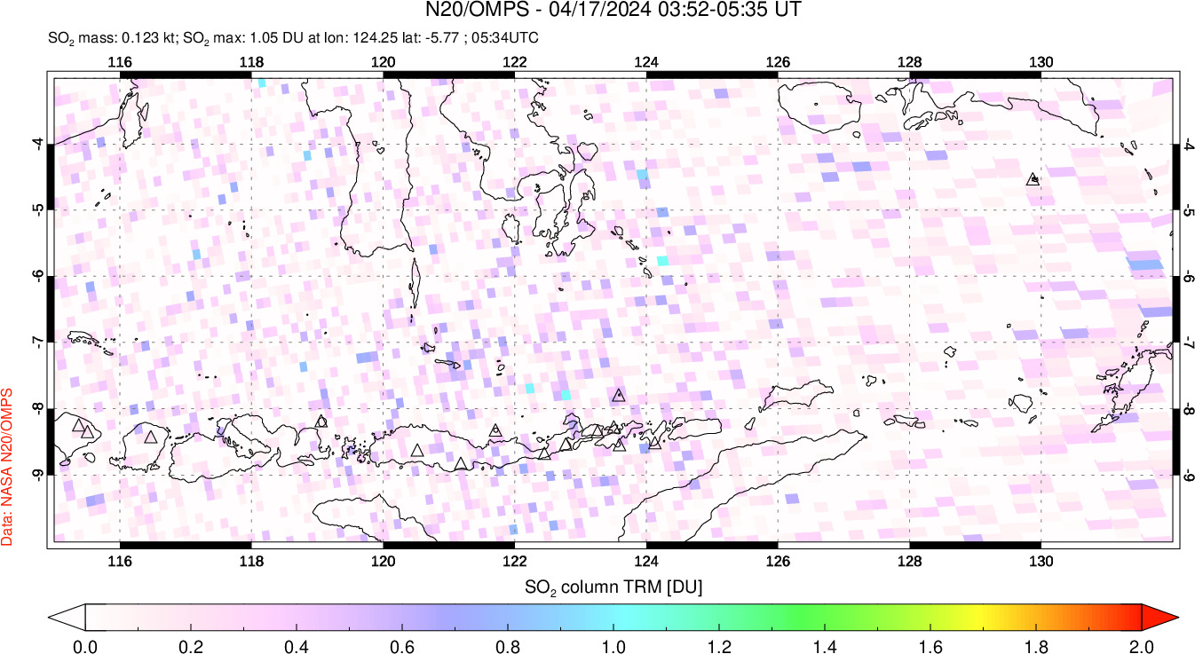 A sulfur dioxide image over Lesser Sunda Islands, Indonesia on Apr 17, 2024.